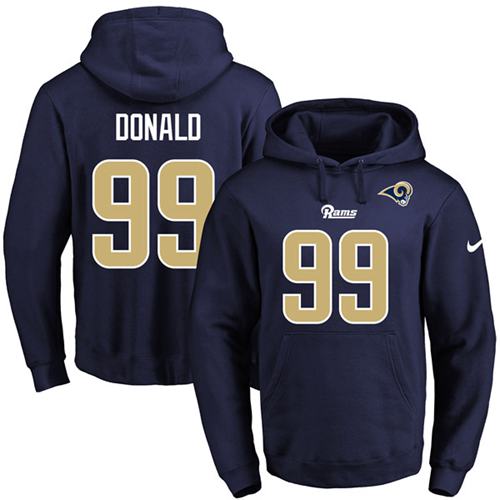 Nike Rams #99 Aaron Donald Navy Blue Name & Number Pullover NFL Hoodie - Click Image to Close